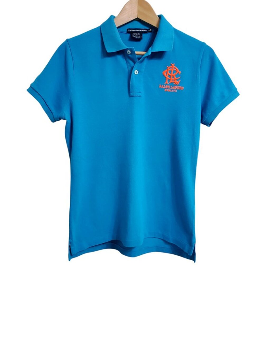 Ralph Lauren Sport Womens Embroidered Logo Polo Shirt L Blue Short Sleeve Cotton